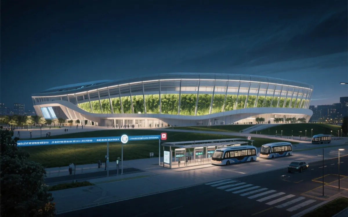绿色场馆与公共交通接驳的现代城市夜景