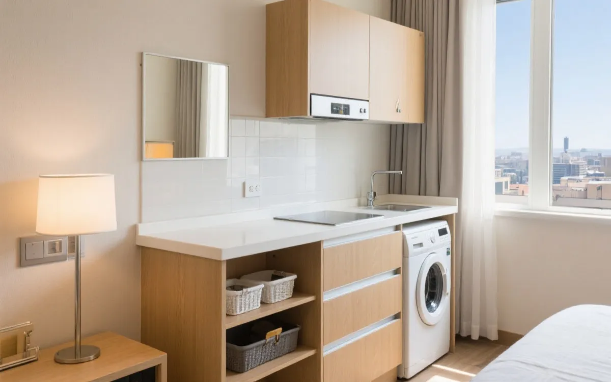 公寓式酒店厨房与洗衣角落的干净布局，家庭旅行实用主义风格