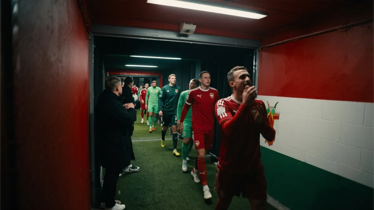 小国国家队在更衣室或球员通道准备出场，象征首次冲击世界杯的紧张与希望