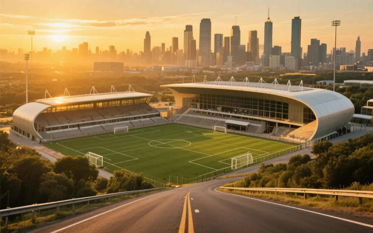 傍晚金色光线下的现代足球场外观与城市天际线、公路旅行元素的视觉拼贴风格