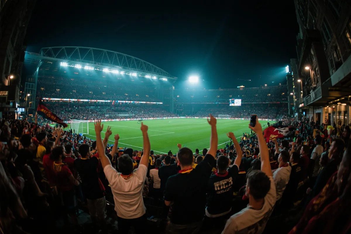 夜晚座无虚席的世界杯球场与城市街区庆典氛围