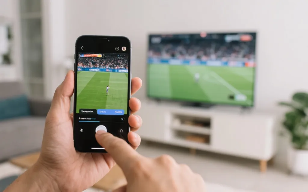 手机投屏到电视观看足球直播的操作示意