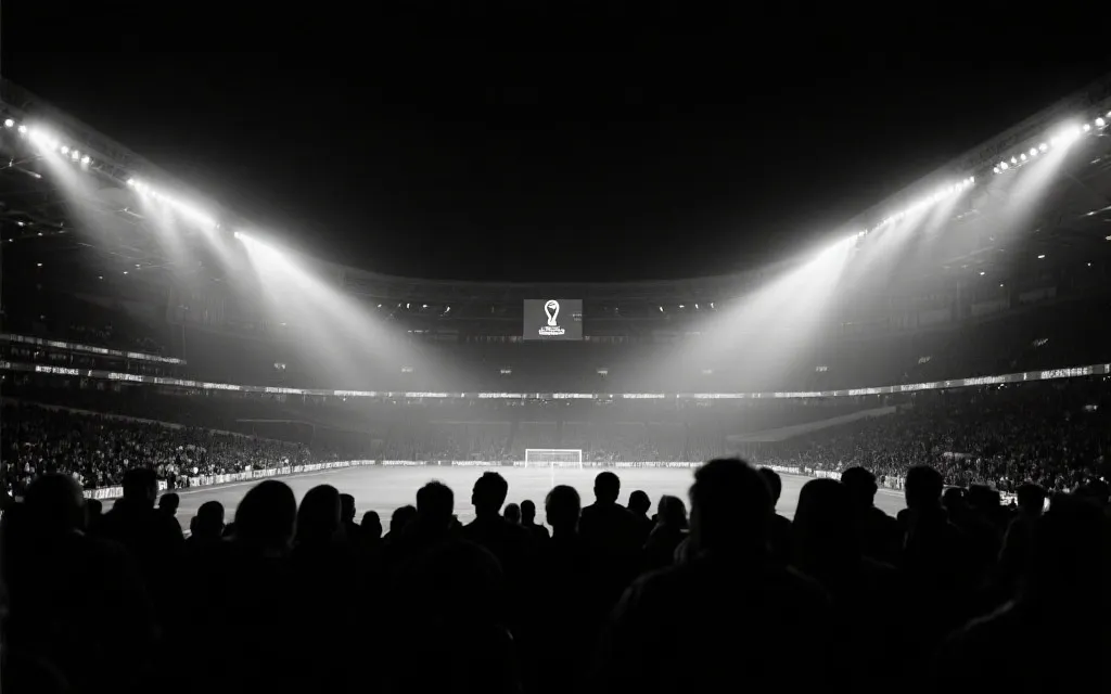 世界杯决赛夜球场氛围示意，灯光与观众席的电影感构图