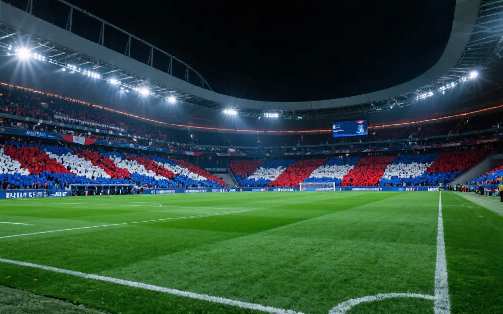 世界杯决赛球场内的美国球迷看台与巨型旗帜，灯光与草皮细节，沉浸式氛围